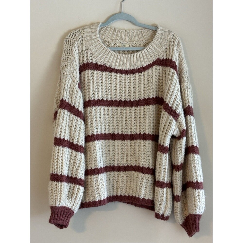 Kori America Womens L Chunky Knit Sweater Cream Burgundy Striped